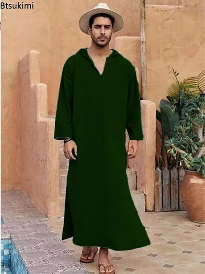 2026 New Muslim Robe Solid Color Retro Arab Islamic Clothing Men Dress Casual Cotton Linen Long Kaftan Middle East Caftan Abayas