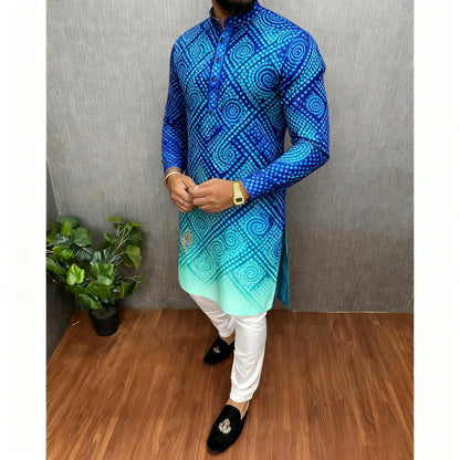 2026 Summer Men'S Digital Printed Kurta Vardha Regular Fit Mandarin Collar All Occasions Arabe Hombre Ropa Marokkaanse Kaftan