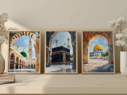 1/3pcs Islamic Mosque Architecture Watercolor Painting Canvas Print Muslim Arabic Calligraphy Wall Art Poster Modern Home Decor