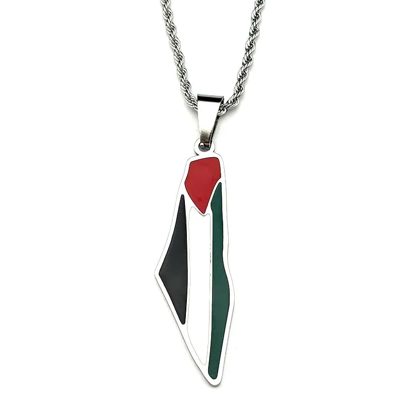 Arabic Islamic Palestine Map Flag Pendant Necklace for Women Men Stainless Steel Gold Color Palestinians Country Chain Jewelry