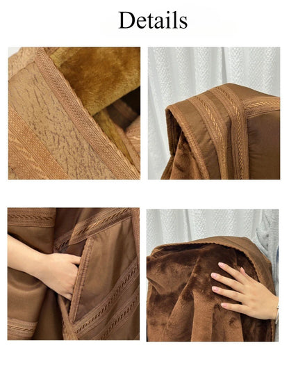 Wholesale Men's Scalp Abaya Men Winter Fur Thicken Suede Men's Robe Cardigan Bisht Muslim Coat Fleece Warm Islam Clothing