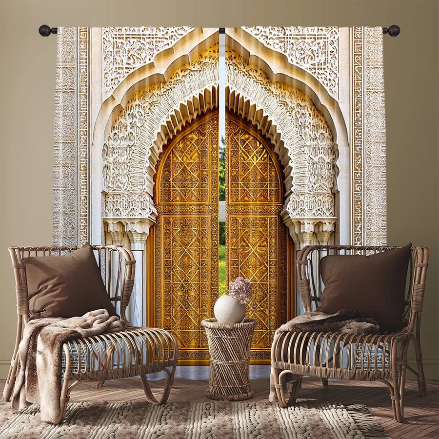 Moroccan Palace Gate Curtains – 2-Piece Spring/Summer Drape, Middle Eastern Architecture Print