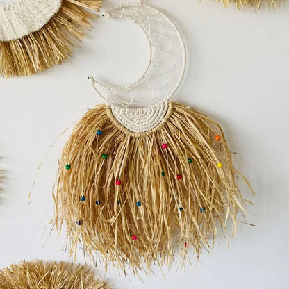 Raffia Woven Wall Hanging, Japanese Moroccan Style Grass Decor for Hotel B&B, Wooden Frame Wall Art