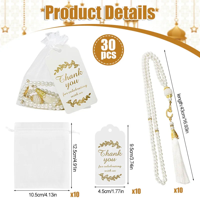 15/30Pcs Ramadan Glass Pearl Muslim Bracelet Prayer Beads Tassel Thank You Card Organza Bags Eid Mubarak Favor Gift for Home