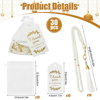 15/30Pcs Ramadan Glass Pearl Muslim Bracelet Prayer Beads Tassel Thank You Card Organza Bags Eid Mubarak Favor Gift for Home