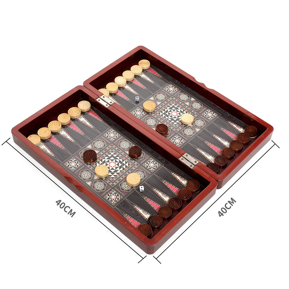 40cm Large 3-in-1 Wooden Chess & Checkers & Backgammon Set, Foldable Board for Family Travel