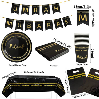 Eid Mubarak Ramadan Kareem Party Black Gold Paper Plates Cup Napkins Mubarak Umrah Banner for Islamic Muslim Festival Decoration
