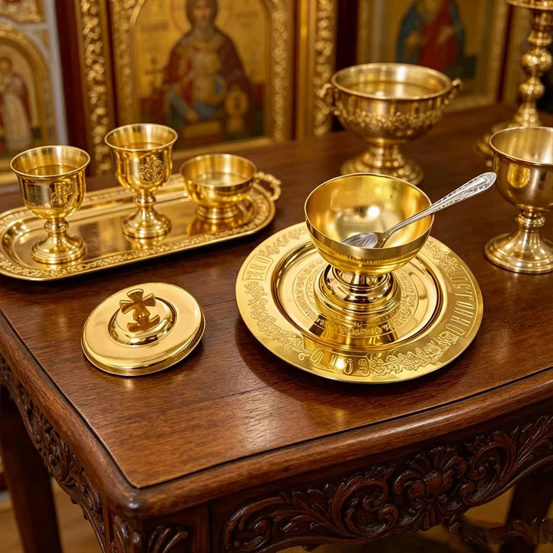 Gold-Plated Orthodox Communion Chalice Set – Holy Cup with Lid, Spoon & Paten
