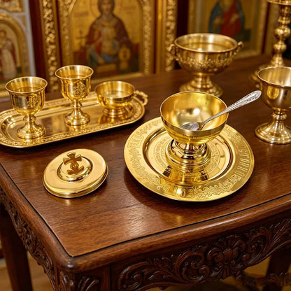 Gold-Plated Orthodox Communion Chalice Set – Holy Cup with Lid, Spoon & Paten