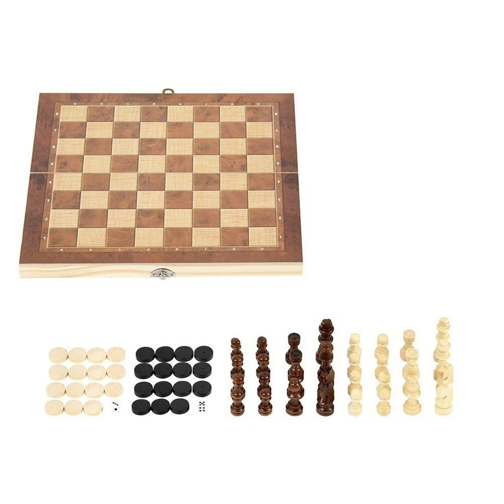 RTENTE-Wooden Foldable 3 In 1 Chess Backgammon Wooden Board Folding Board Game