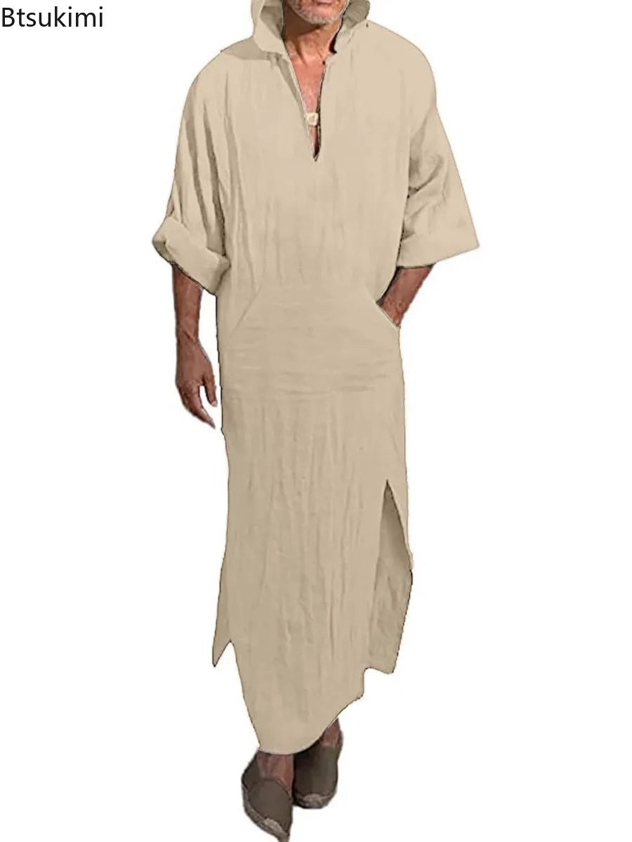 2026 New Muslim Robe Solid Color Retro Arab Islamic Clothing Men Dress Casual Cotton Linen Long Kaftan Middle East Caftan Abayas