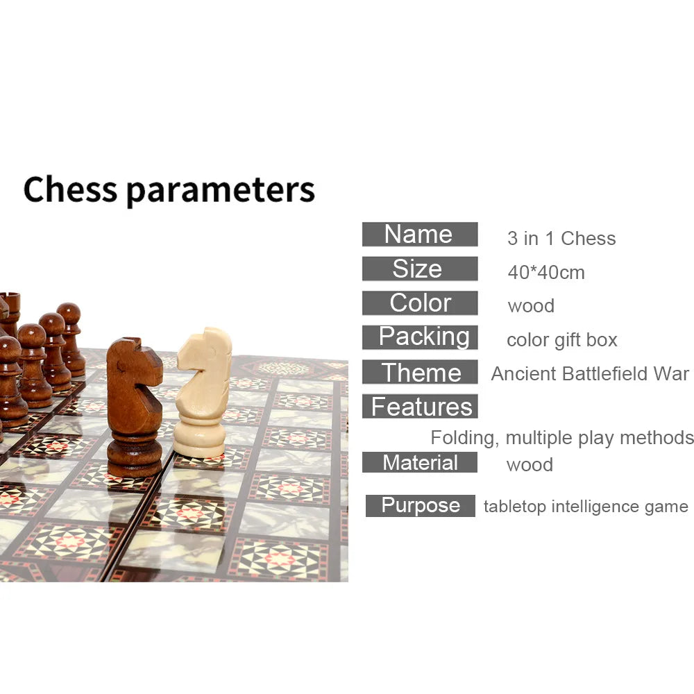40cm Large 3-in-1 Wooden Chess & Checkers & Backgammon Set, Foldable Board for Family Travel