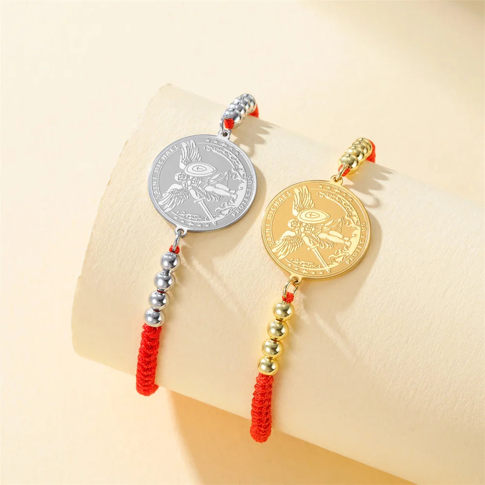 St. Michael Archangel Bracelet Stainless Steel Adjustable Link Chain Braided Rope Jewelry Protect Us Religious Amulet Christian