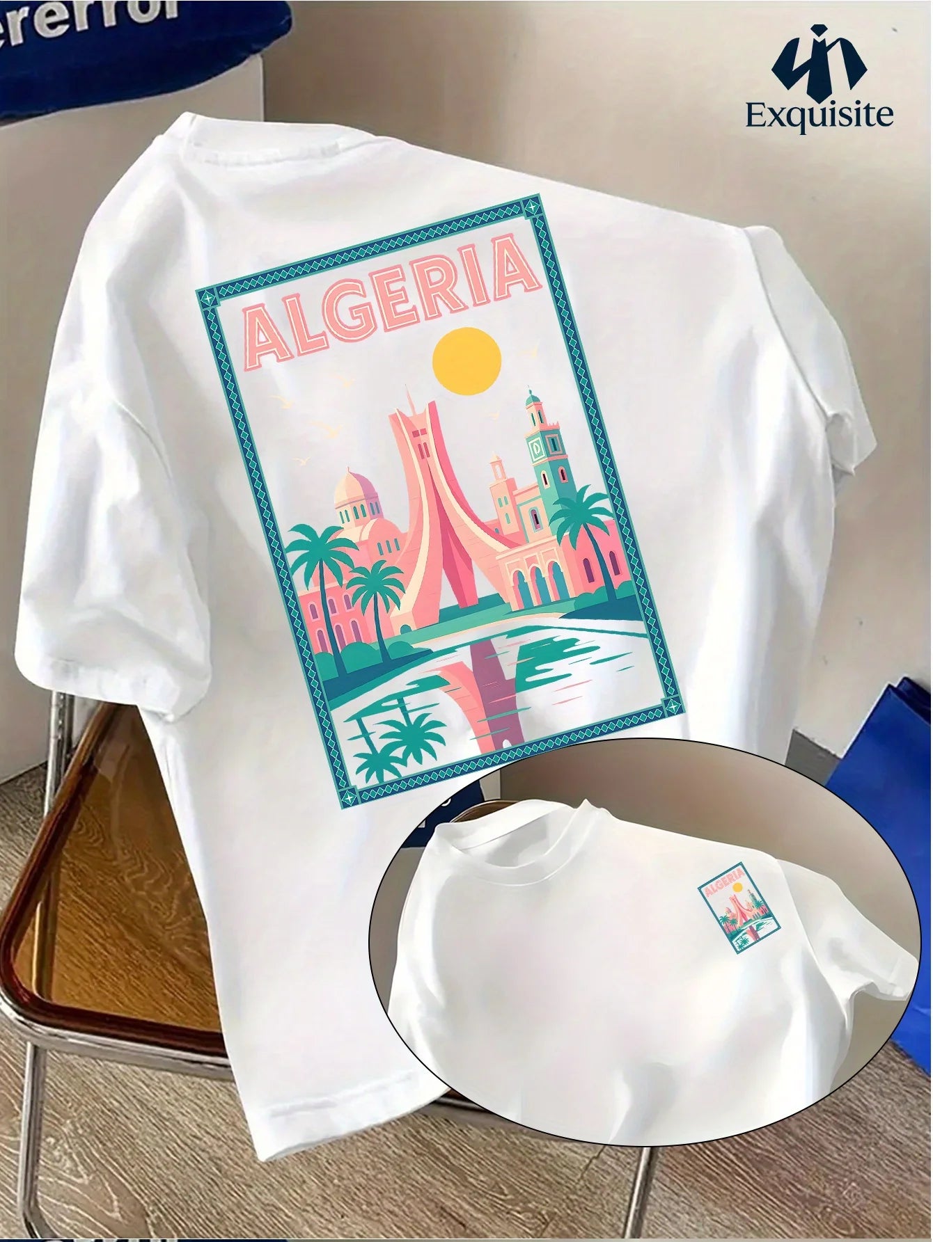 Casual vacation clothes! Men's fashion T-shirt with "ALGERIA" printed round-neck T-shirt fashion short-sleeved
