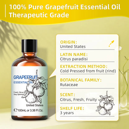 HIQILI 100ML Grapefruit Essential Oils,100% Pure Nature for Aromatherapy, Diffuser, Humidifier, Massage, Creating Aromatherapy