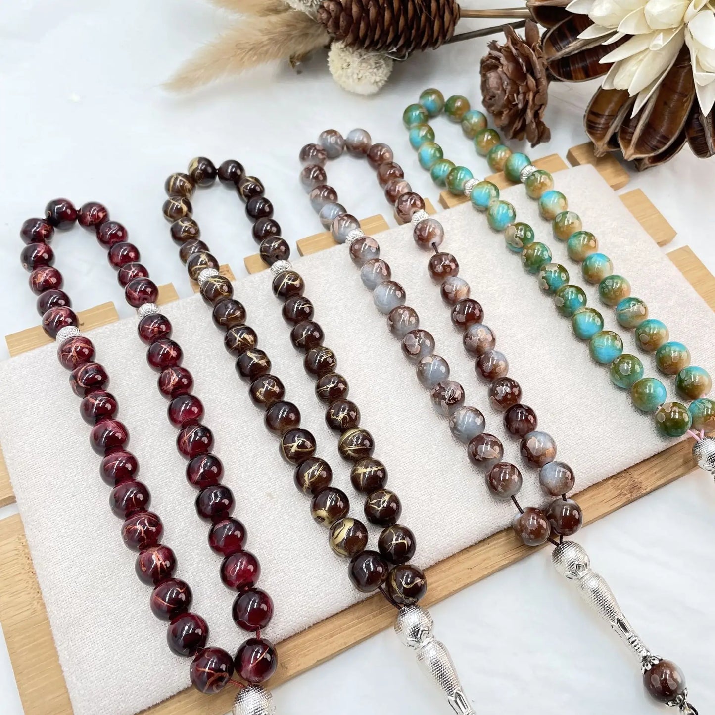 Colorful Islamic Prayer Beads with Metallic Tassel, Muslim Glass Tasbih Bracelet for Ramadan Valentine's Thanksgiving Gift Idea
