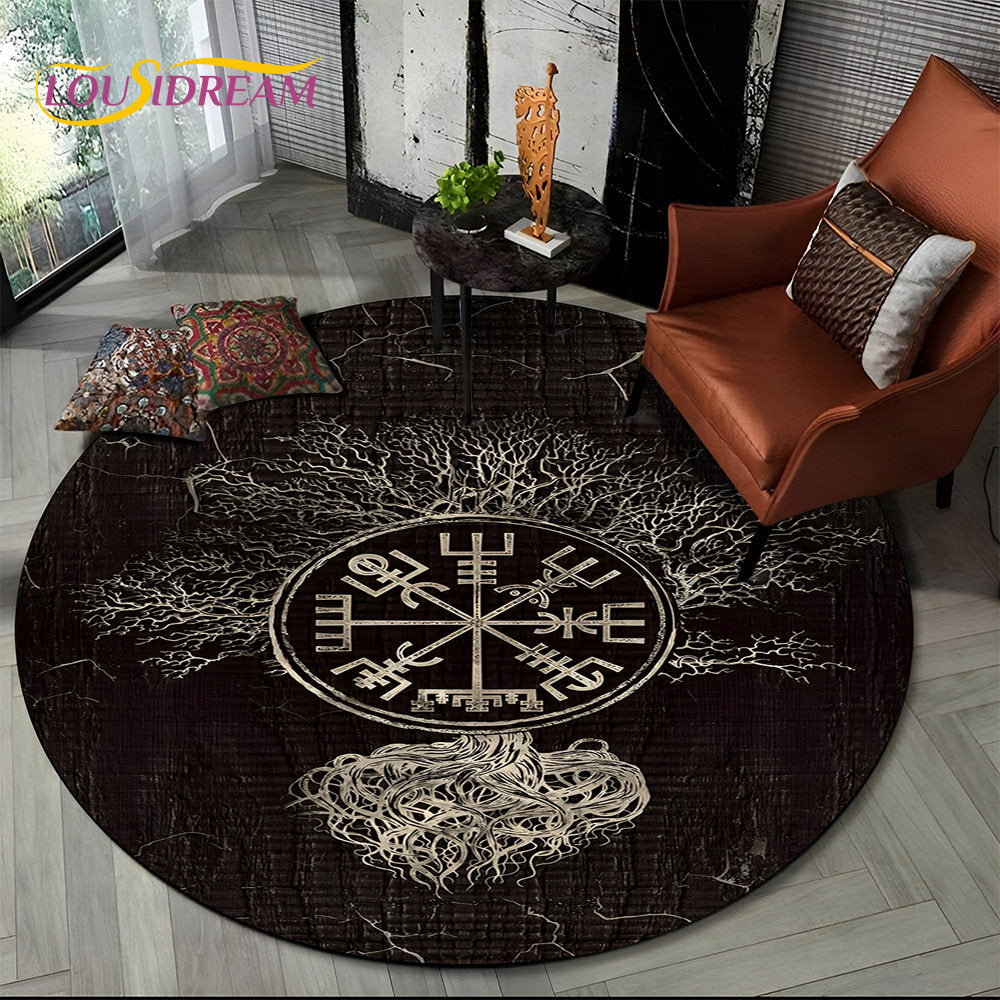 Viking Valknut Yggdrasil Tree of Life Round Area Rug,Carpet Rug for Living Room Bedroom Sofa Playroom Decor,Non-slip Floor Mat