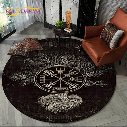 Viking Valknut Yggdrasil Tree of Life Round Area Rug,Carpet Rug for Living Room Bedroom Sofa Playroom Decor,Non-slip Floor Mat