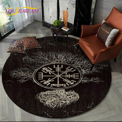 Viking Valknut Yggdrasil Tree of Life Round Area Rug,Carpet Rug for Living Room Bedroom Sofa Playroom Decor,Non-slip Floor Mat