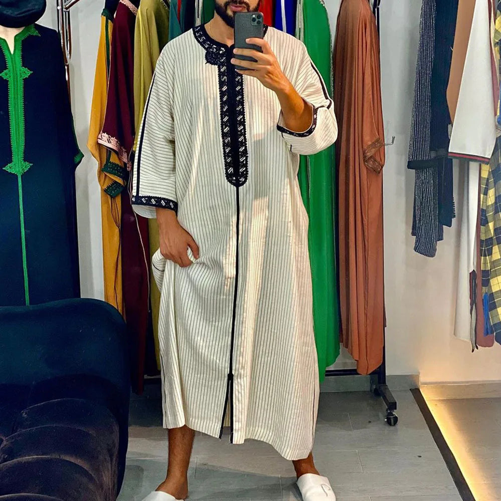 New Muslim Jubba Thobe Clothes Men Hoodie Ramadan Spring Autumn Abaya Dubai Turkey Islamic Clothing Male Casual Loose Red Stripe