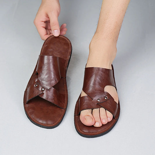 Handmade Leather Slippers Men Beach Summer Walking Shoes Slip on Light Male Flats Flip-flops Outdoor Half Drag Big Size 37-50