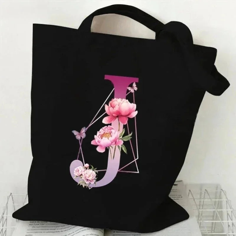 Noir Florale – Black Purple Alphabet Canvas Shoulder Tote