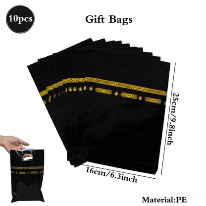 Eid Mubarak Ramadan Kareem Party Black Gold Paper Plates Cup Napkins Mubarak Umrah Banner for Islamic Muslim Festival Decoration