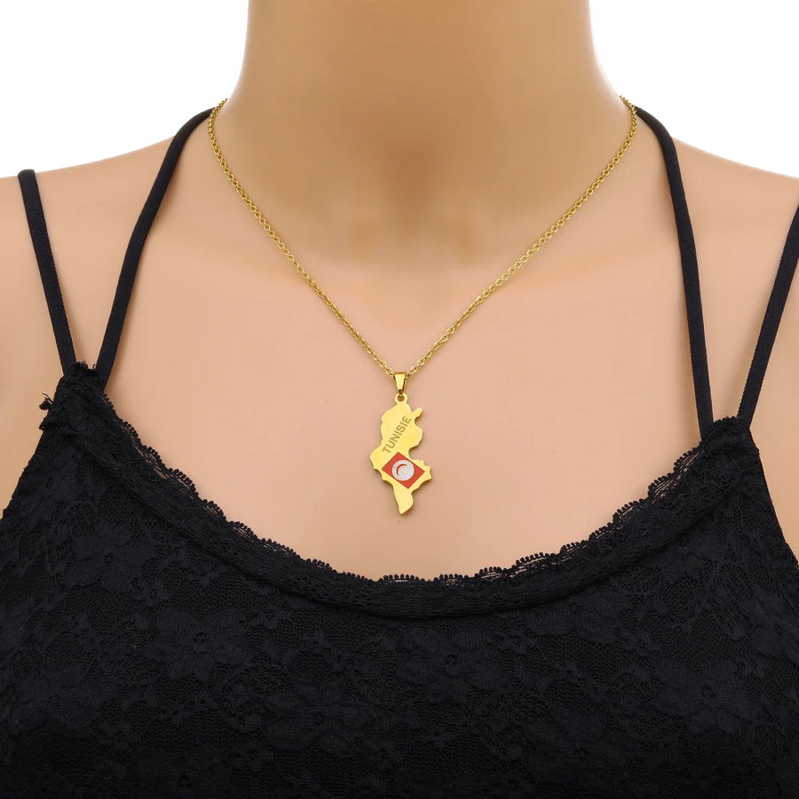 Tunisia Map & Flag Pendant – Stainless Steel Necklace, Gold & Silver Tone