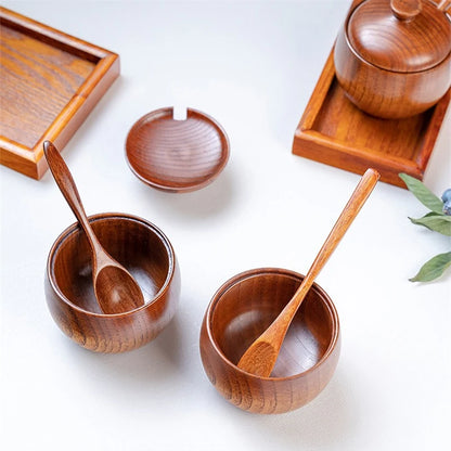 Wooden Seasoning Jar Creative Kitchen Retro Salt Sugar Pot Seasoning Storage Jar With Lid Spoon Wooden Tray Storage Containers