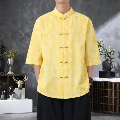 Men's Lightweight Printed Shirt Summer Chinese Style Mandarin Collar Casual Top with Frog Buttons Oriental Design