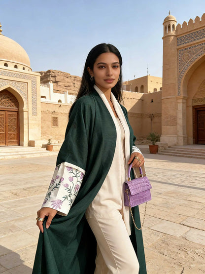 Chic Forest Green Open-Front Abaya Floral Embroidered Cuffs Set Women Muslim Moroccan Kaftan Ramadan Islam Dubai Arabic Robes
