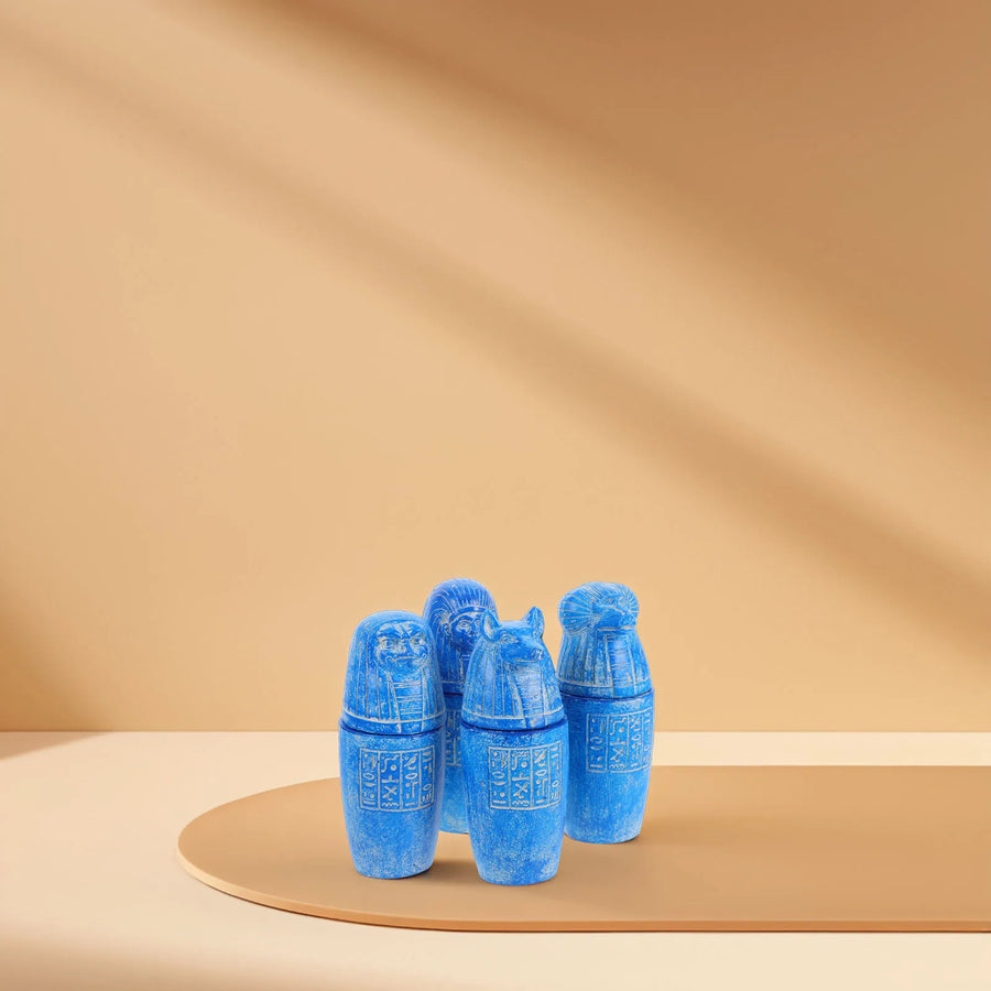 4-Piece Egyptian Canopic Jar & Horus Figurine Set – Pharaoh Inscription Decor
