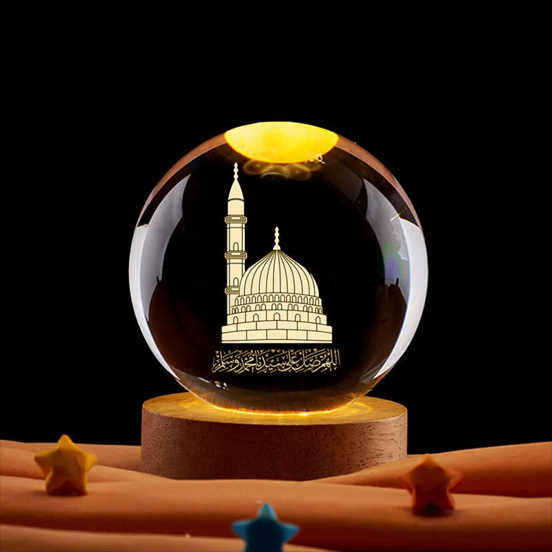 Ramadan Glowing Mosque Crystal Ball Ornament Islamic 3D Home Interior Party Desk Rotating Decoration Figurines Atmosphere Gifts