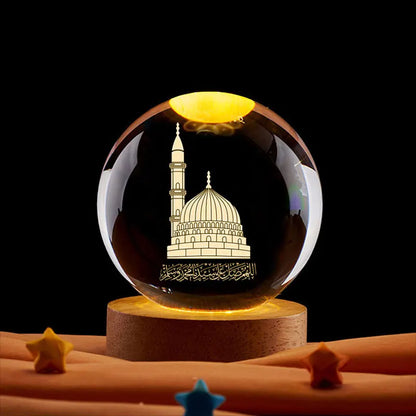Ramadan Glowing Mosque Crystal Ball Ornament Islamic 3D Home Interior Party Desk Rotating Decoration Figurines Atmosphere Gifts