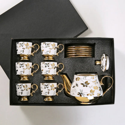 European Arabic Style Gold Plated 6 Cups and 6 Plates and Pot Gift Box Set Ceramic Tea Coffee Cup and Saucer Set for Parties