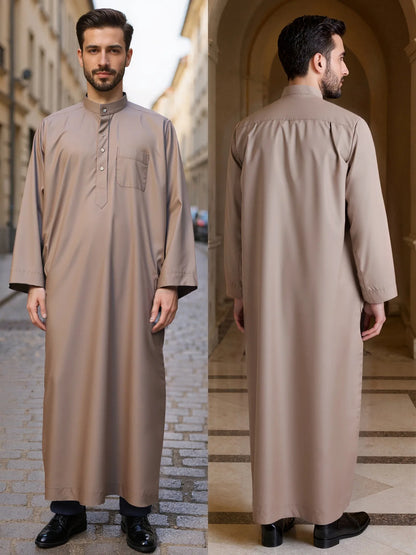 Polyester men's long robe, Qatar style stand collar robe, pocket design, Arabian and Middle Eastern men's clothing, available in