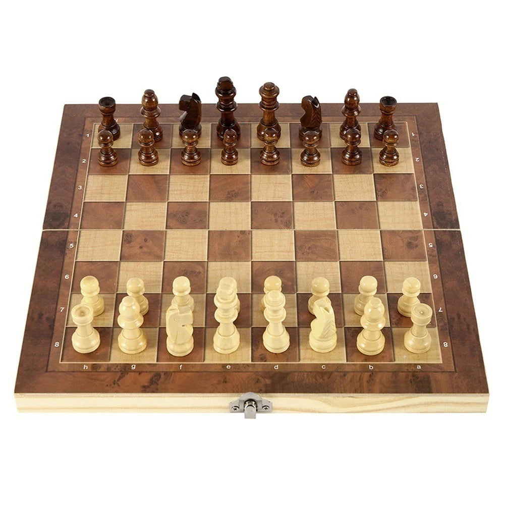RTENTE-Wooden Foldable 3 In 1 Chess Backgammon Wooden Board Folding Board Game