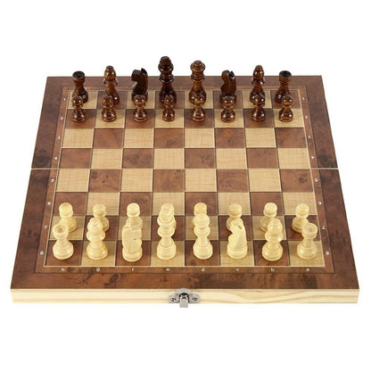 RTENTE-Wooden Foldable 3 In 1 Chess Backgammon Wooden Board Folding Board Game