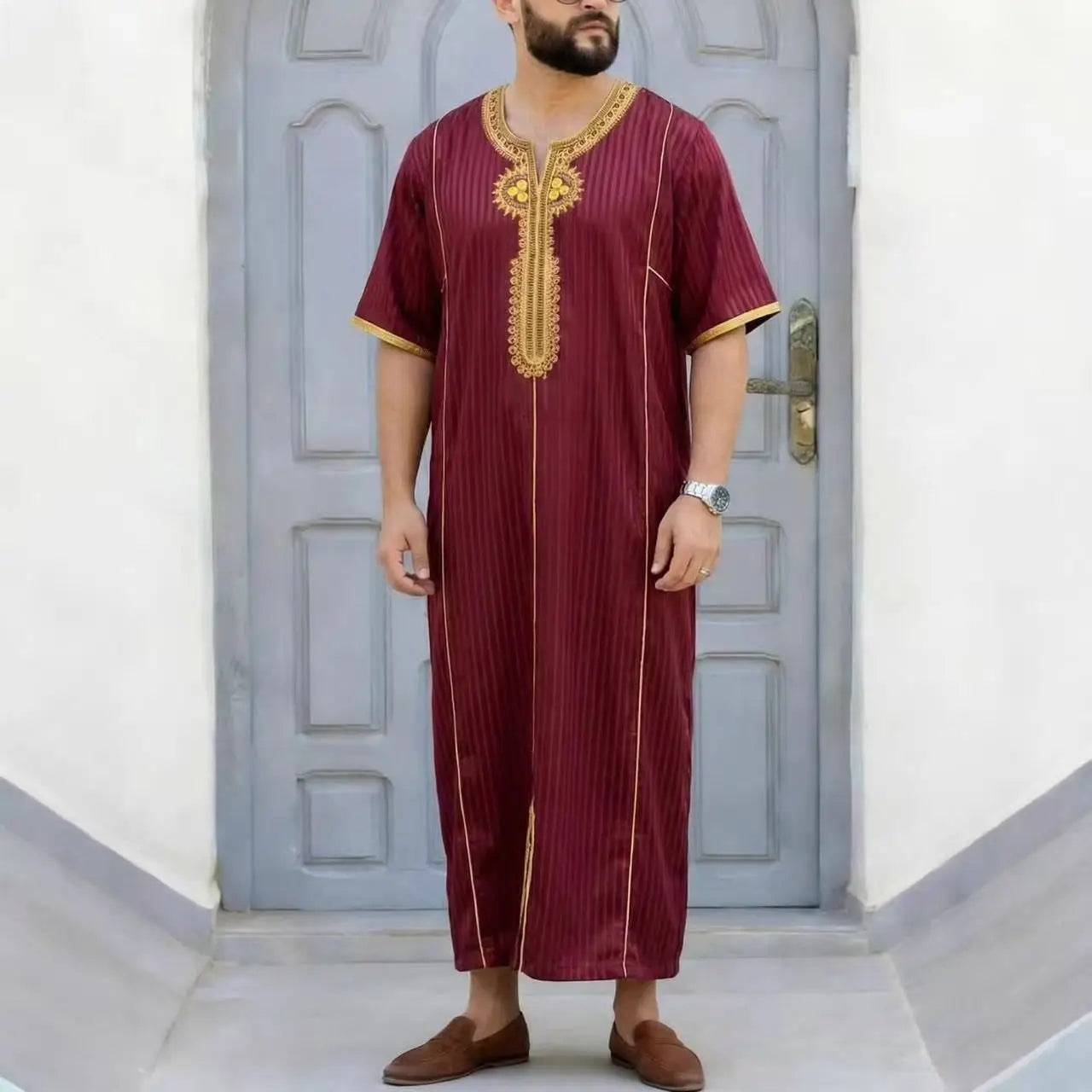 Muslim Men's Morocco Gandoura Thobe Loose Short Sleeves Gorgeous Embroidery Comfortable Islamic Men's Traditional Clothing Party