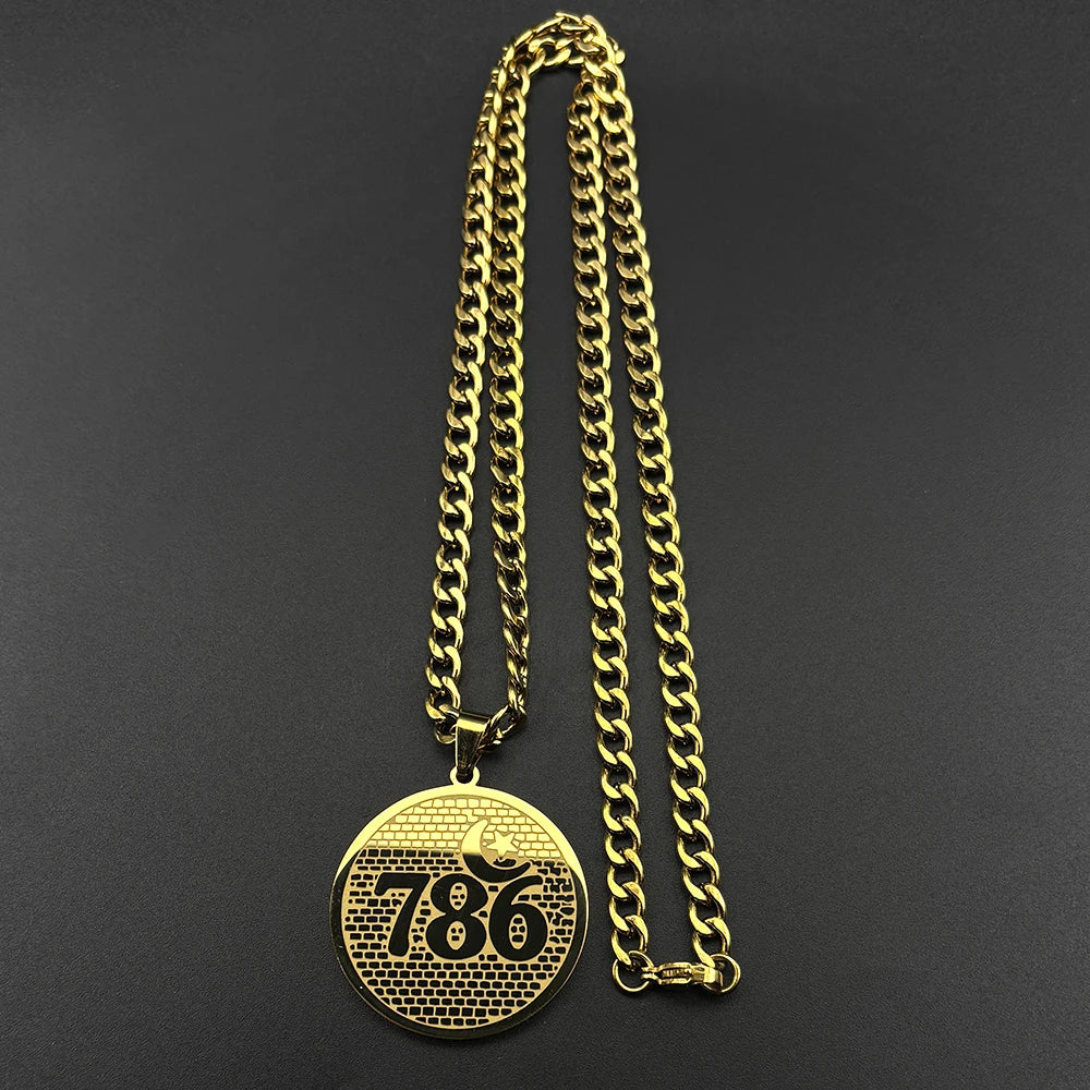 Muslim Arabic 786 Allah God Name Quran Stainless Steel Necklaces Wommen Men Islamic Talisman Star Crescent Moon Pendant Jewelry