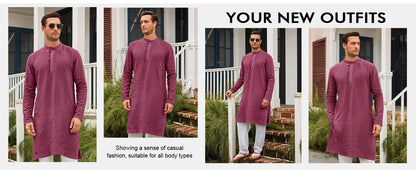 Mens Kaftan Thobe Long Sleeve Casual Henley Shirts Button Down Kurta Cotton Linen Muslim Gown Robe