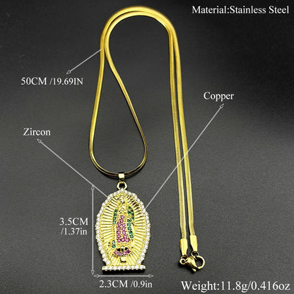 Catholic Virgin Mary Zircons Copper Pendant Necklace for Women Men Stainless Steel Gold Color Our Lady of Guadalupe Jewelry