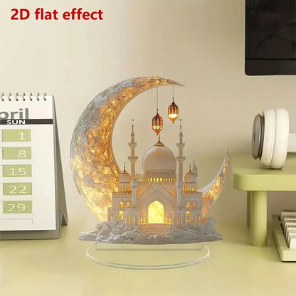 2D Flat 1pc Boho Style Ramadan Crescent Mosque Tabletop Decor, 2D Flat Acrylic Islamic Art, Multipurpose Home Decoration