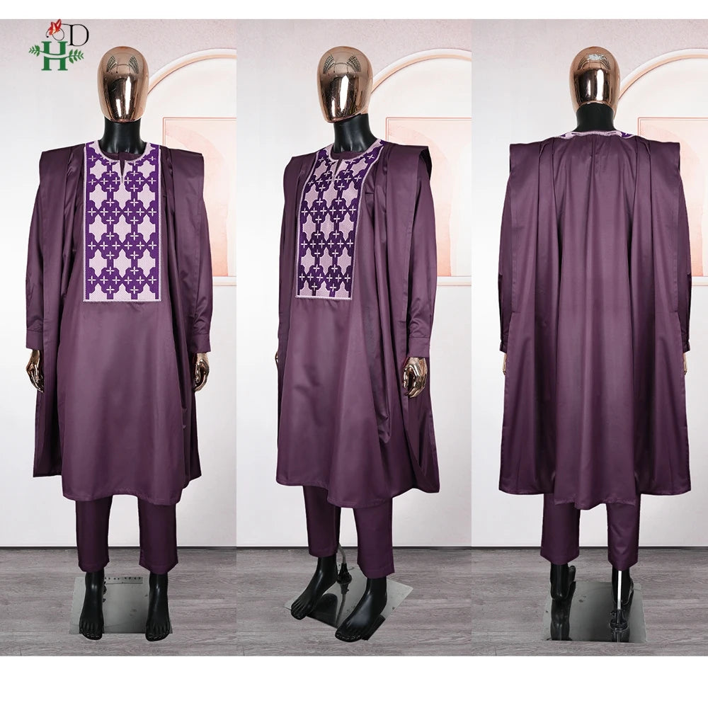 H&D Men Casual Loose Kaftan Muslim Thobe Jubba Dishdasha Thawb Dress 3PCS Agbada Set Arab Purple Color Embroidered Robe New 2026