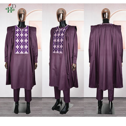 H&D Men Casual Loose Kaftan Muslim Thobe Jubba Dishdasha Thawb Dress 3PCS Agbada Set Arab Purple Color Embroidered Robe New 2026