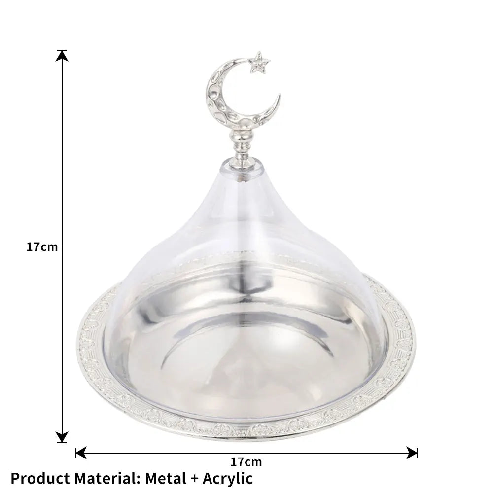Ramadan Cake Tray with Clear Dome Lid Eid Metal Eid Mubarak Candy Tray Reusable Dessert Box Food Storage Organizer Nuts, Candies