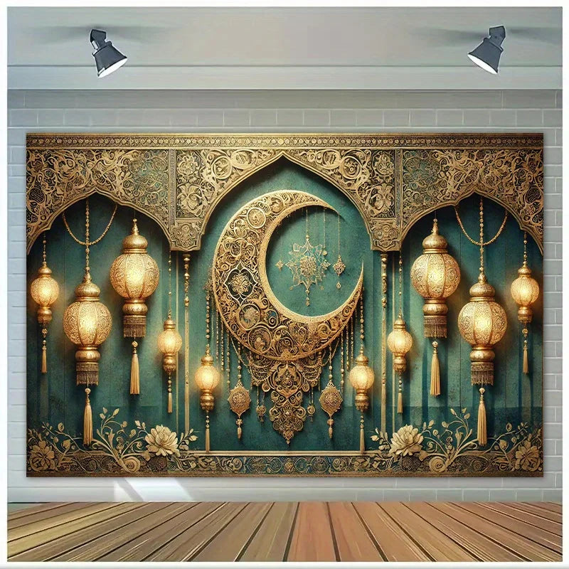 1 Elegant New Moon and Lantern Eid Mubarak Background - Luxurious Ramadan Party Banner