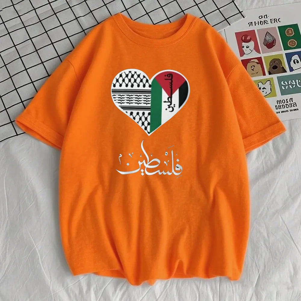 Palestinian Heart  Watermelon T-Shirt Written in English and Arabic Stand for Gaza Solidarity Gift Shirt Women O-neck Tops