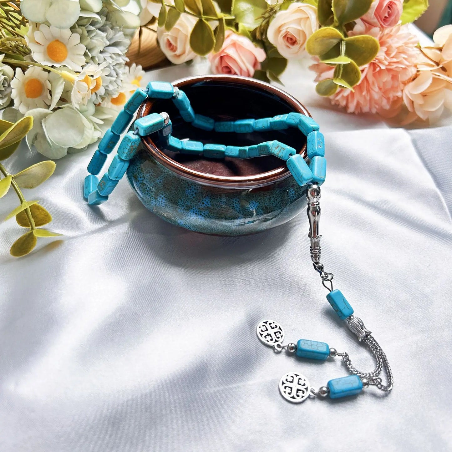 Simple Daily Islamic Bracelet, 33 Beads Square Turquoise Tasbih for Prayer and Zikr, Muslim Gift