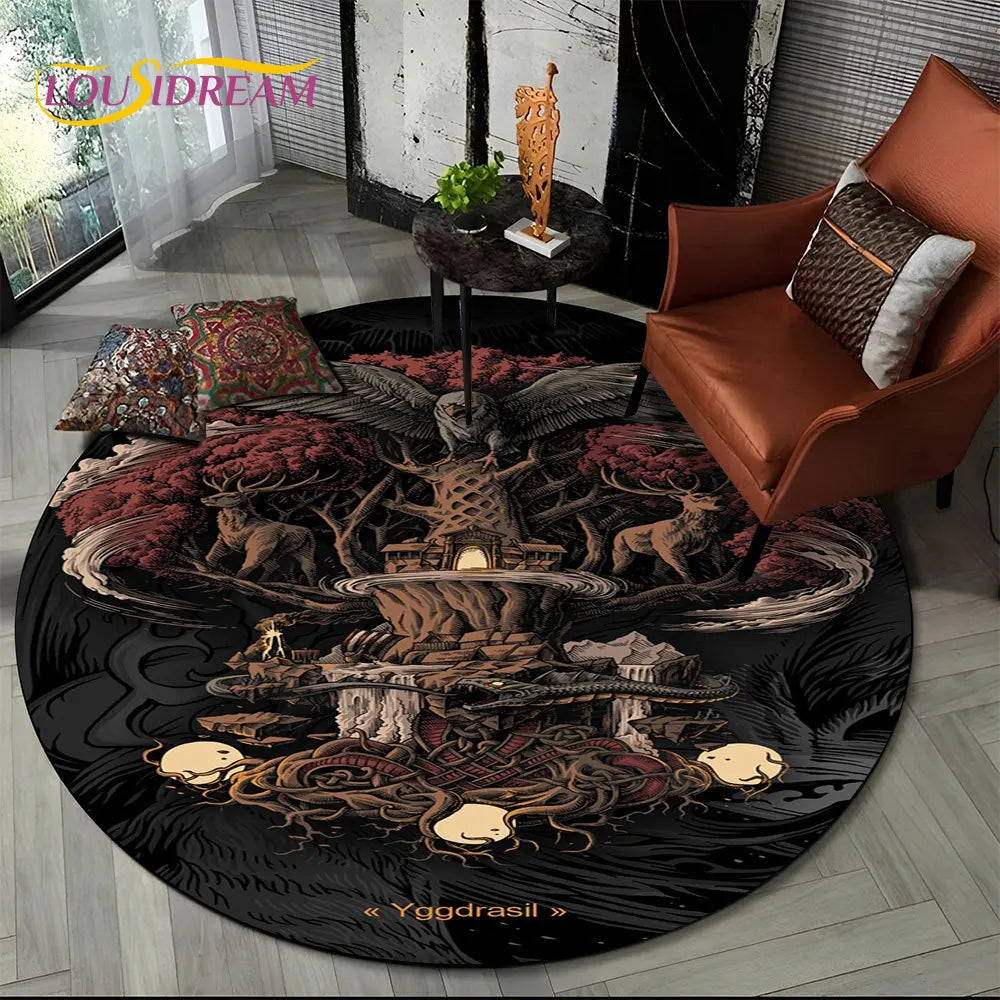 Viking Valknut Yggdrasil Tree of Life Round Area Rug,Carpet Rug for Living Room Bedroom Sofa Playroom Decor,Non-slip Floor Mat